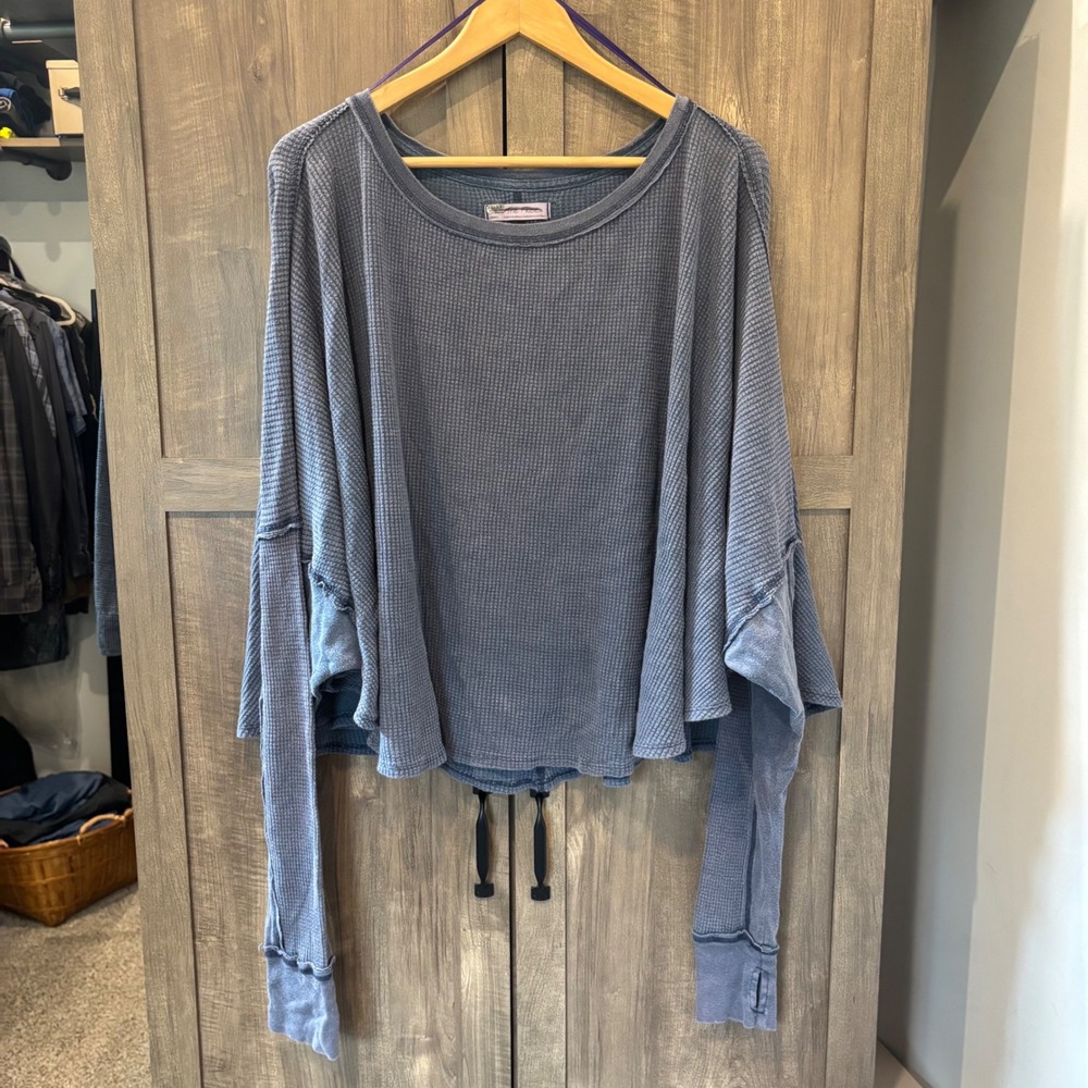 We The Free People Microphone Drop Thermal Blue Waffle Knit Oversized Top Small